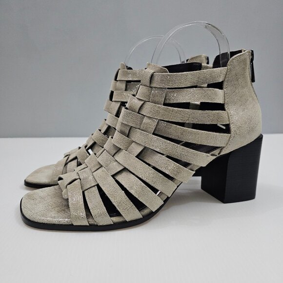 NEW Donald Pliner Pixee Sandal Womens 9.5 Pewter Metallic Leather Cutout Heel - Picture 1 of 15